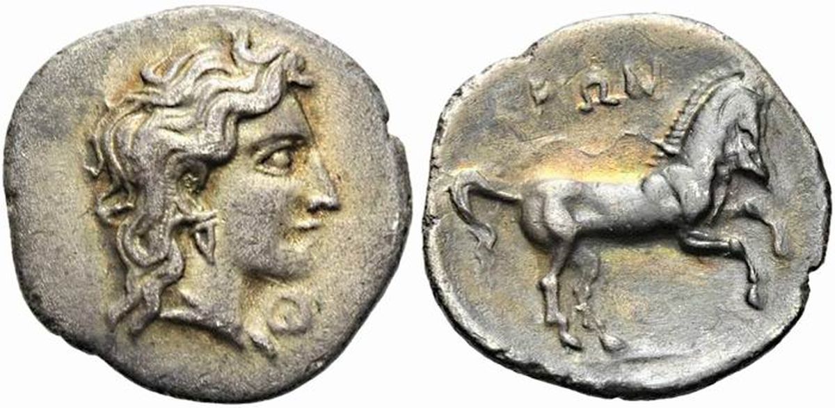 Аркадия. Обол, ок. 370-350 до н.э. Аверс: голова Деметры Эринии с распущенными волосами. Реверс: конь Арейон