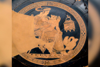Pasiphaë and the Minotaur. Tondo of an Attic red-figure kylix, 340-320 BC. From Vulci